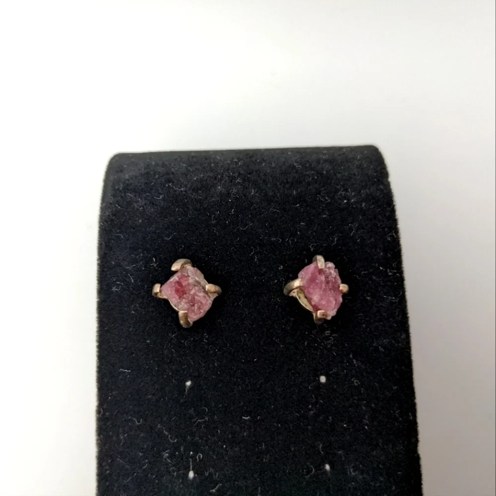 Raw Pink Tourmaline 925 Silver Stud Earrings NIB